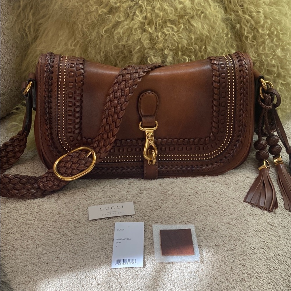 Gucci Brown Leather Shoulder Bag with Intricate Detailing